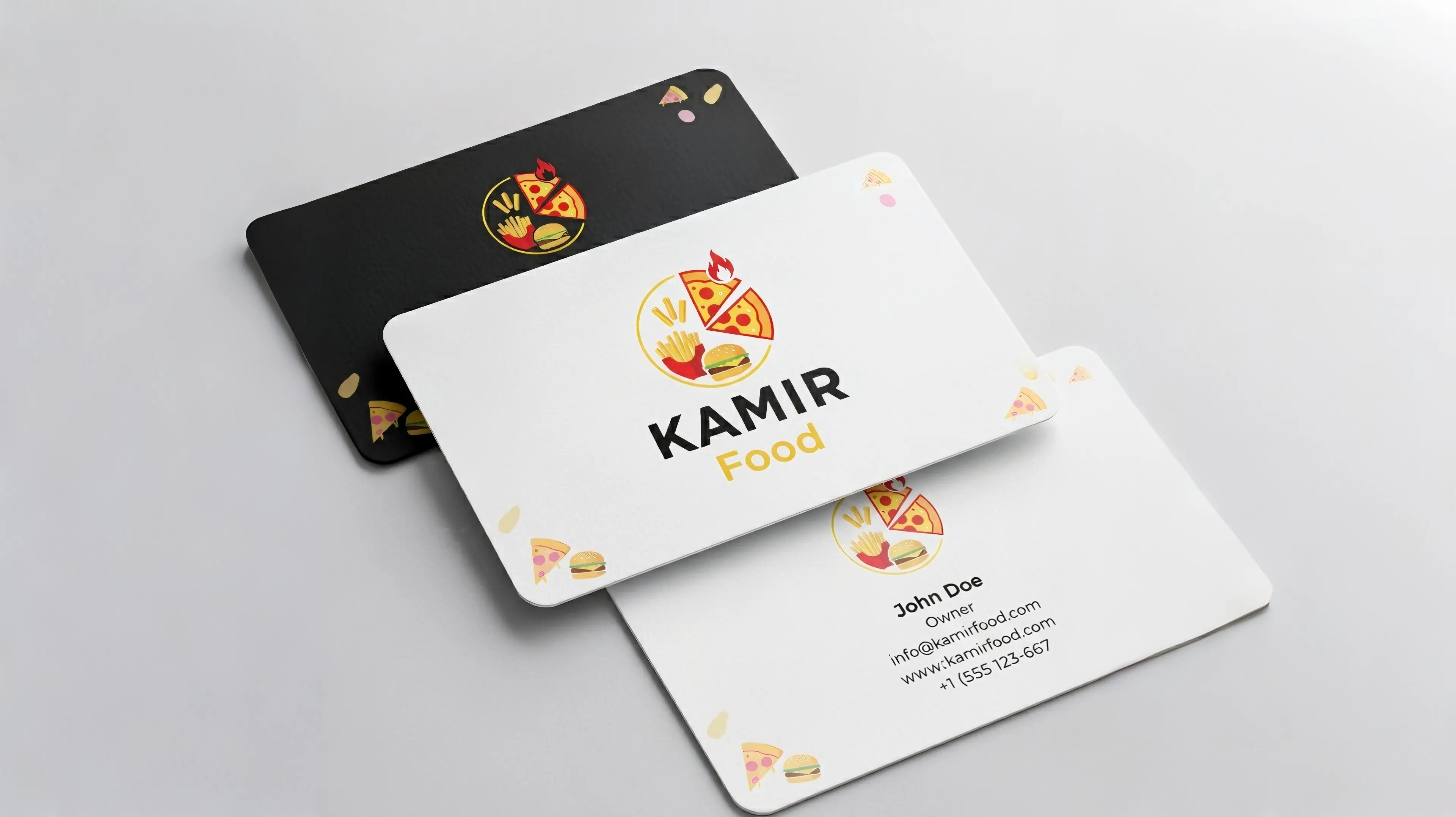 KAMIR Food business cards in black and white with circular food logo