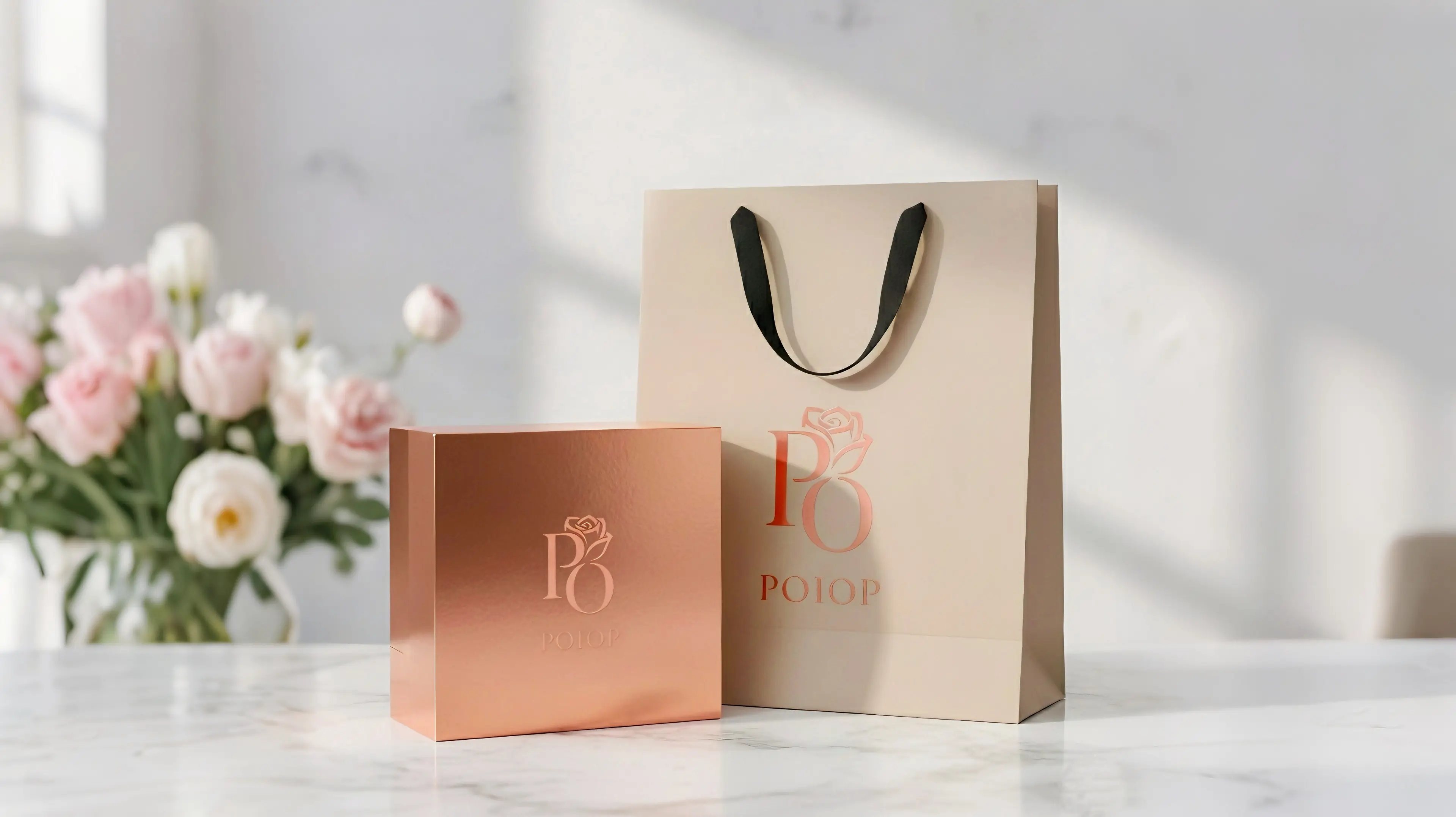 POIOP luxury packaging - rose-gold box and shopping bag with elegant branding