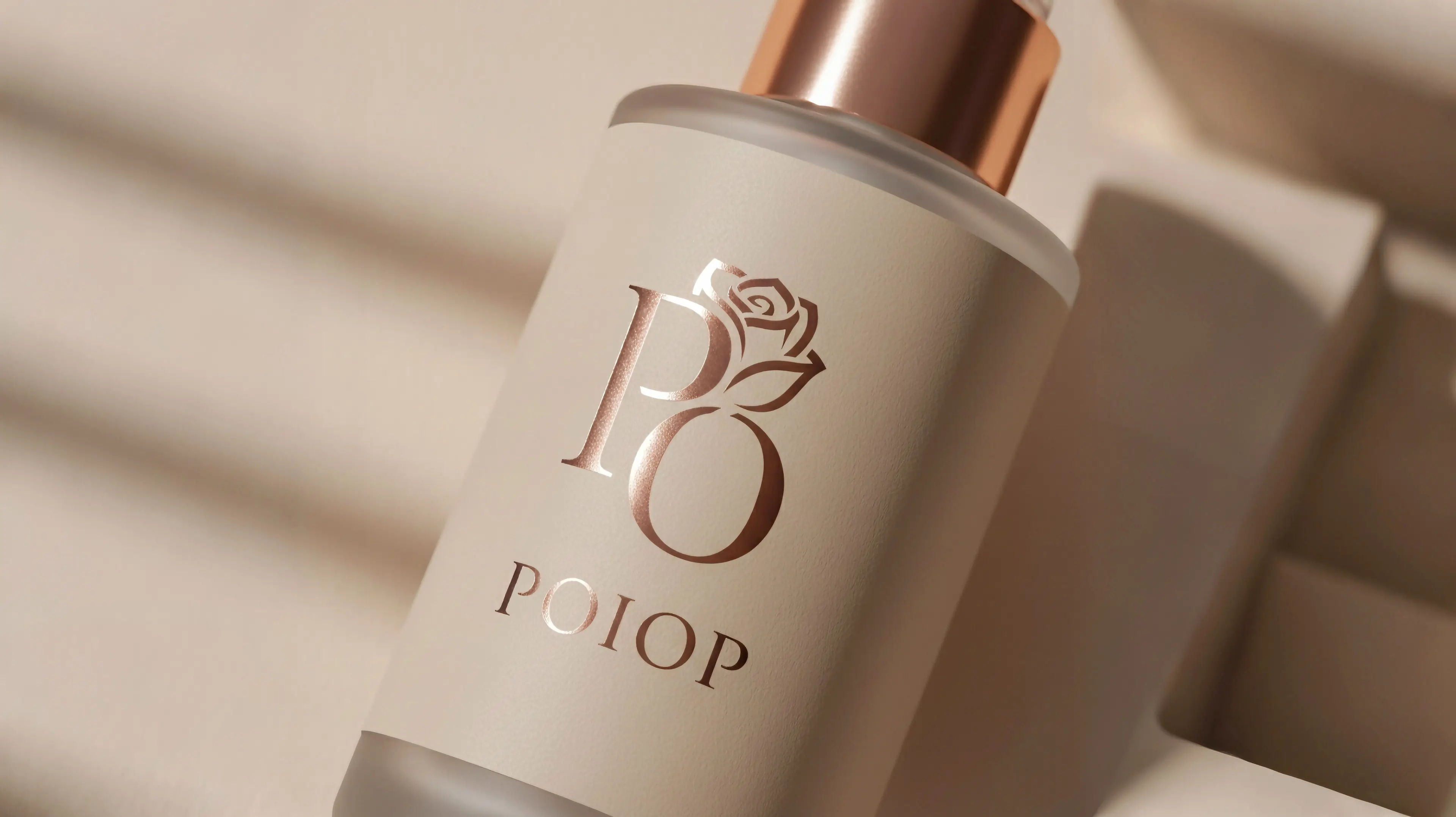 POIOP cosmetic bottle with rose-gold cap and embossed logo